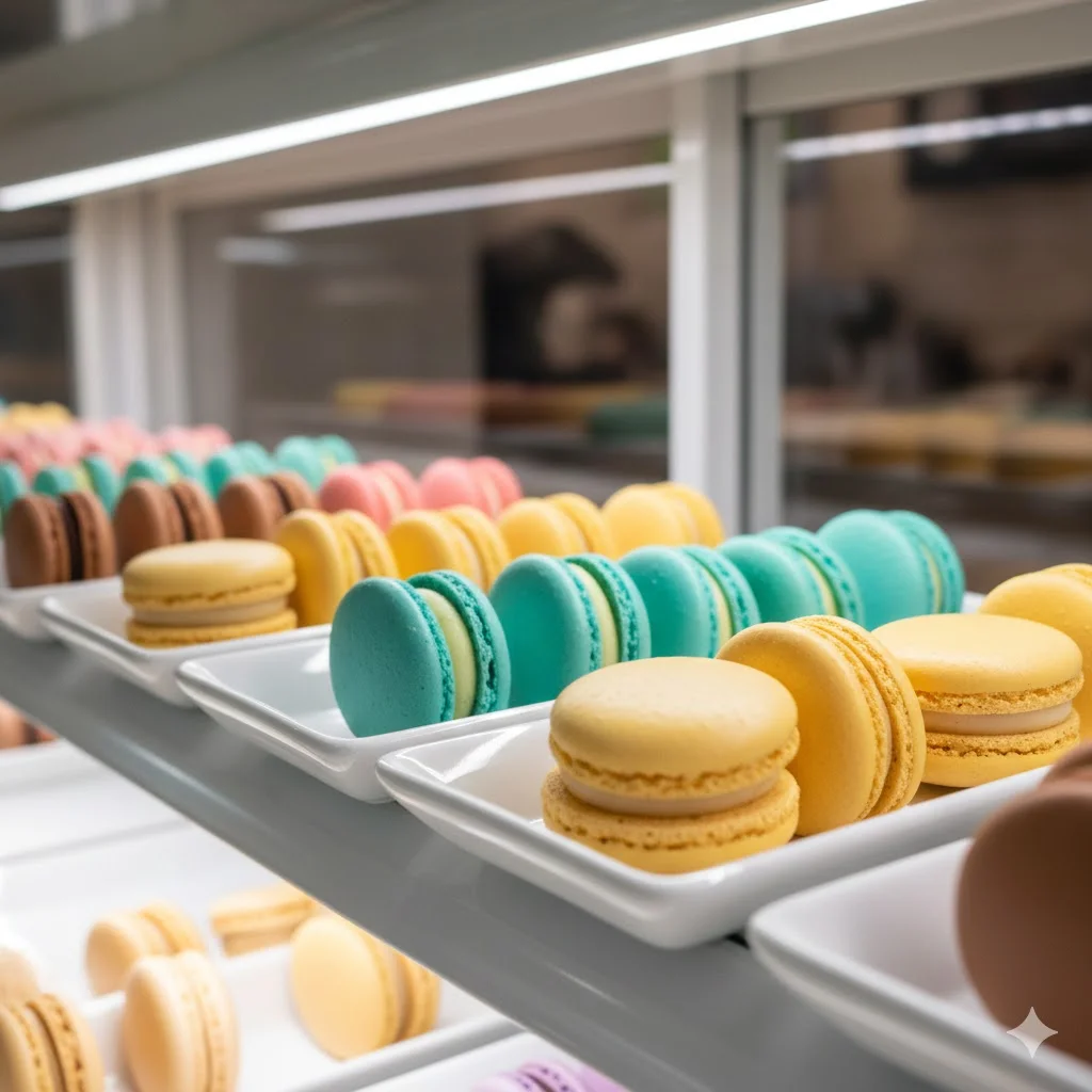 화려한 색감의 마카롱이 한성쇼케이스의 특수 조명을 받아 보석처럼 빛나는 모습.