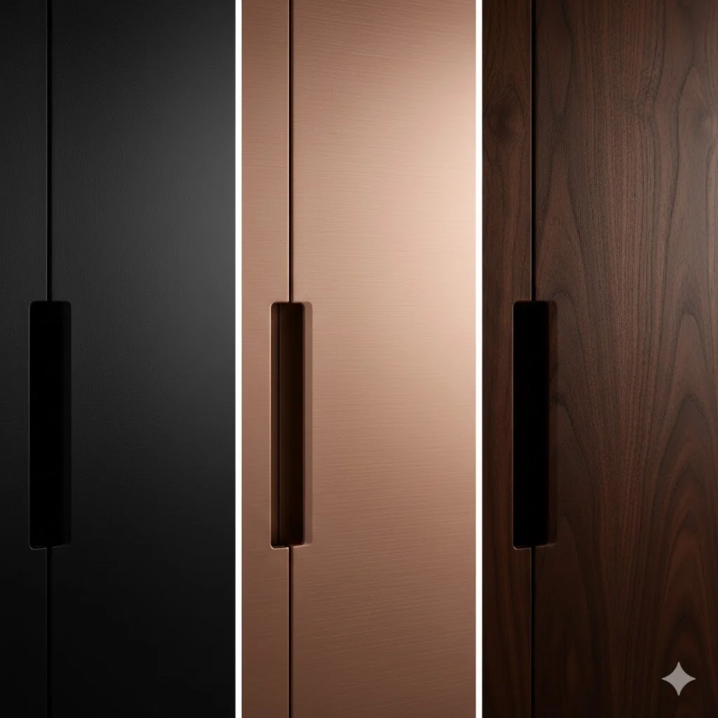 블랙 메탈, 로즈 골드, 월넛 우드 등 다양한 재질로 제작된 와인냉장고 도어 샘플.