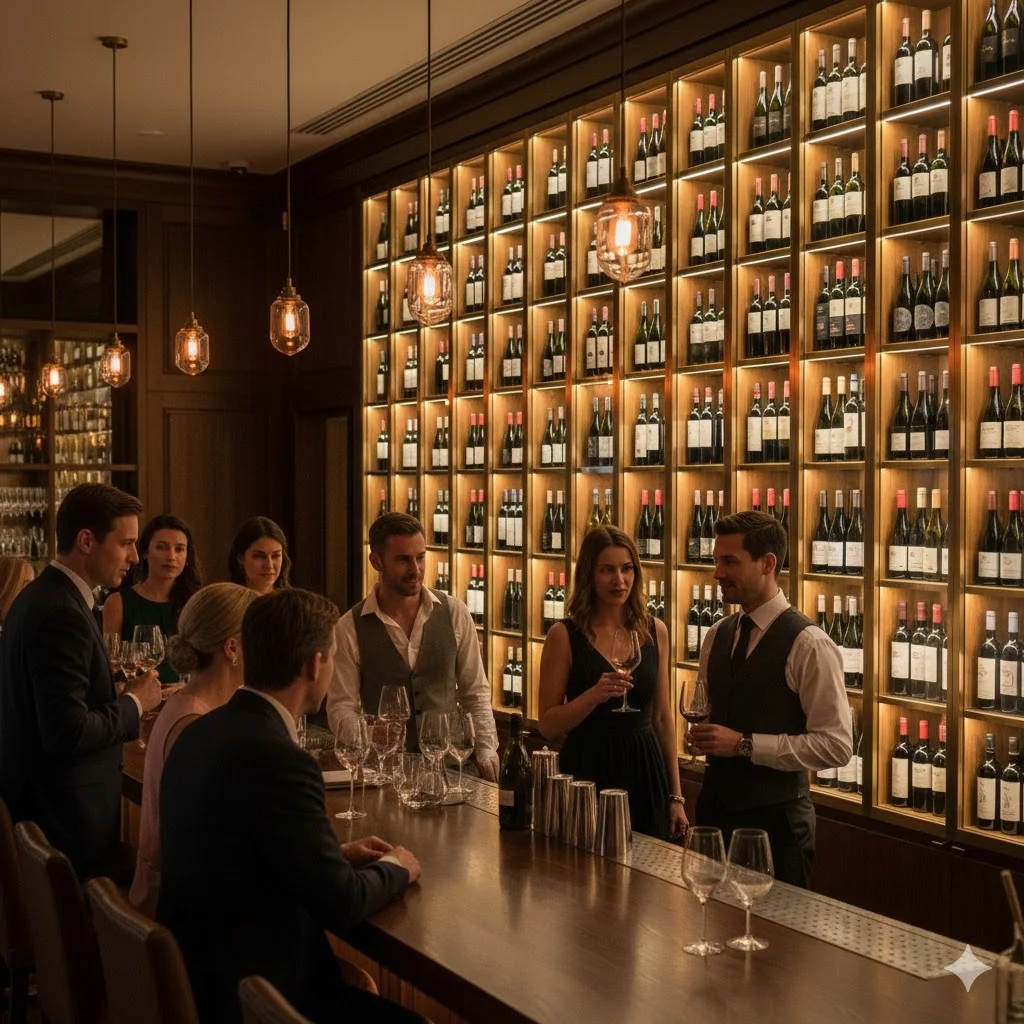 카페 바 뒤편에 예술 작품처럼 설치된 와인 셀러를 감탄하며 바라보는 고객들의 모습.