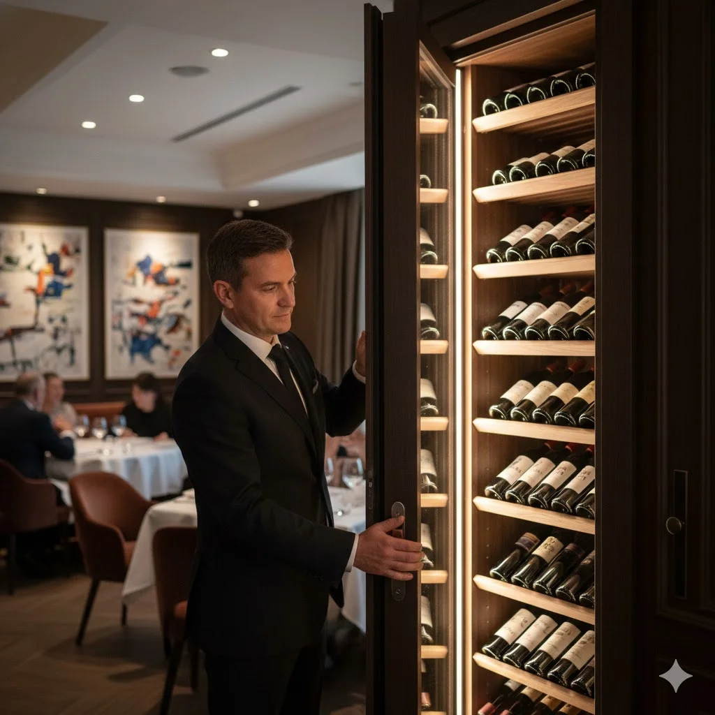 세련된 분위기의 레스토랑에서 소믈리에가 빌트인 와인냉장고를 사용하는 모습.