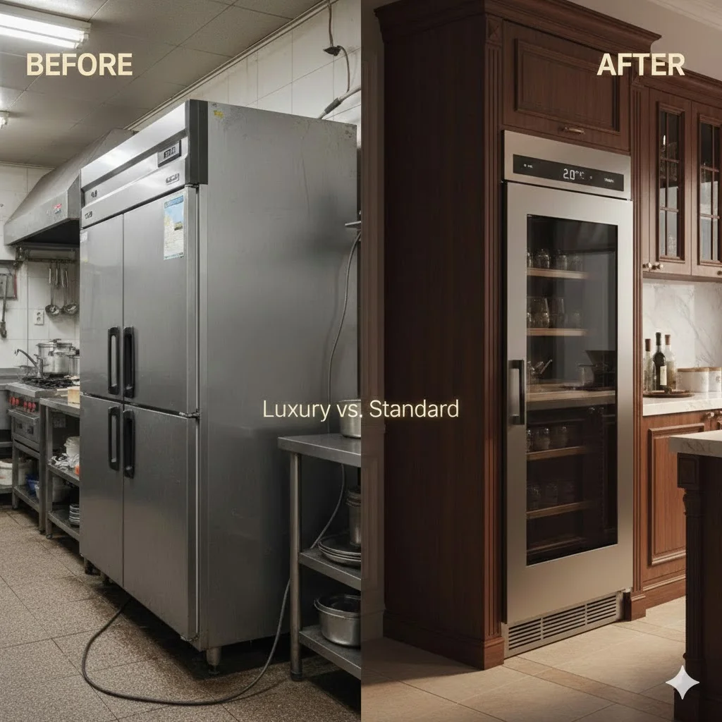 일반 주방 냉장고와 인테리어 가구 같은 한성 빌트인 냉장고의 비교 이미지.