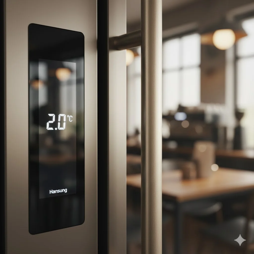 고급스러운 메탈 재질과 스마트 제어 패널이 돋보이는 냉장고 디테일 컷.