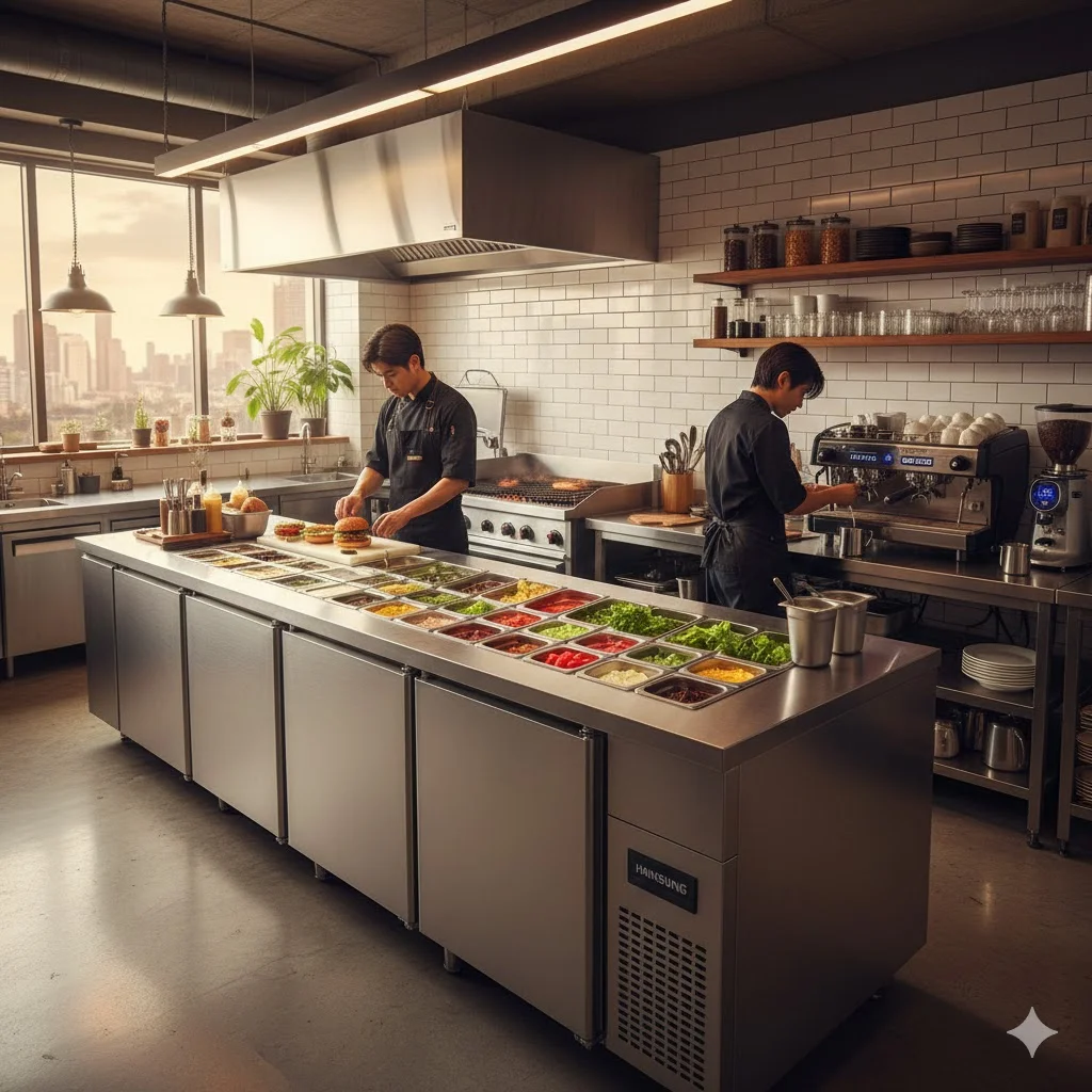 셰프들이 효율적으로 작업할 수 있도록 설계된 프리미엄 햄버거 냉장고 작업대.