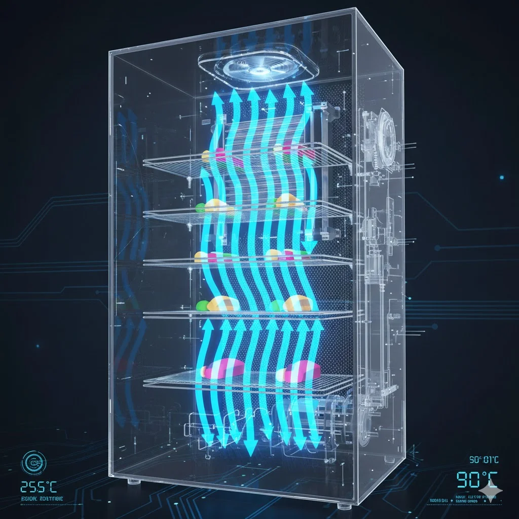 냉기가 균일하게 순환되는 햄버거 냉장고의 첨단 냉각 시스템 시각화.