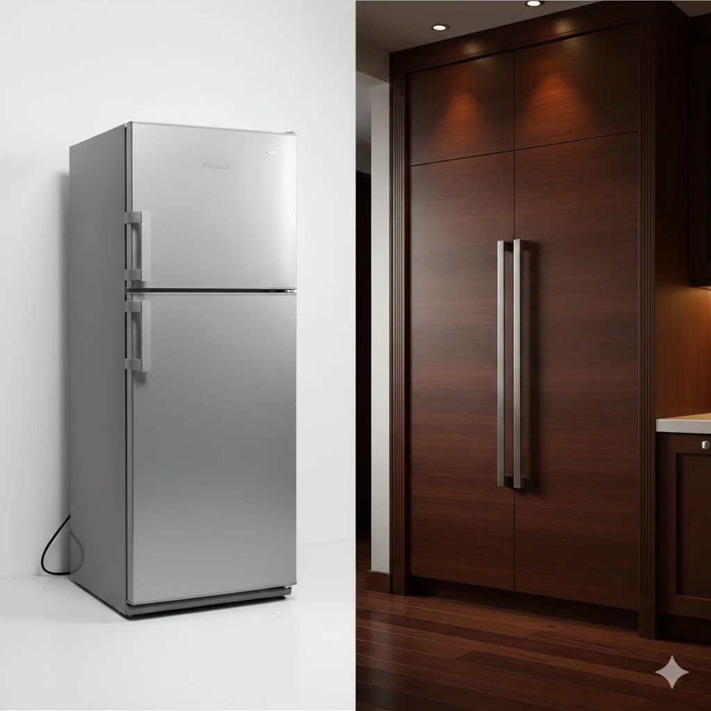일반적인 카페용 냉장고와 가구처럼 매립된 한성 빌트인 냉장고의 디자인 비교 사진.