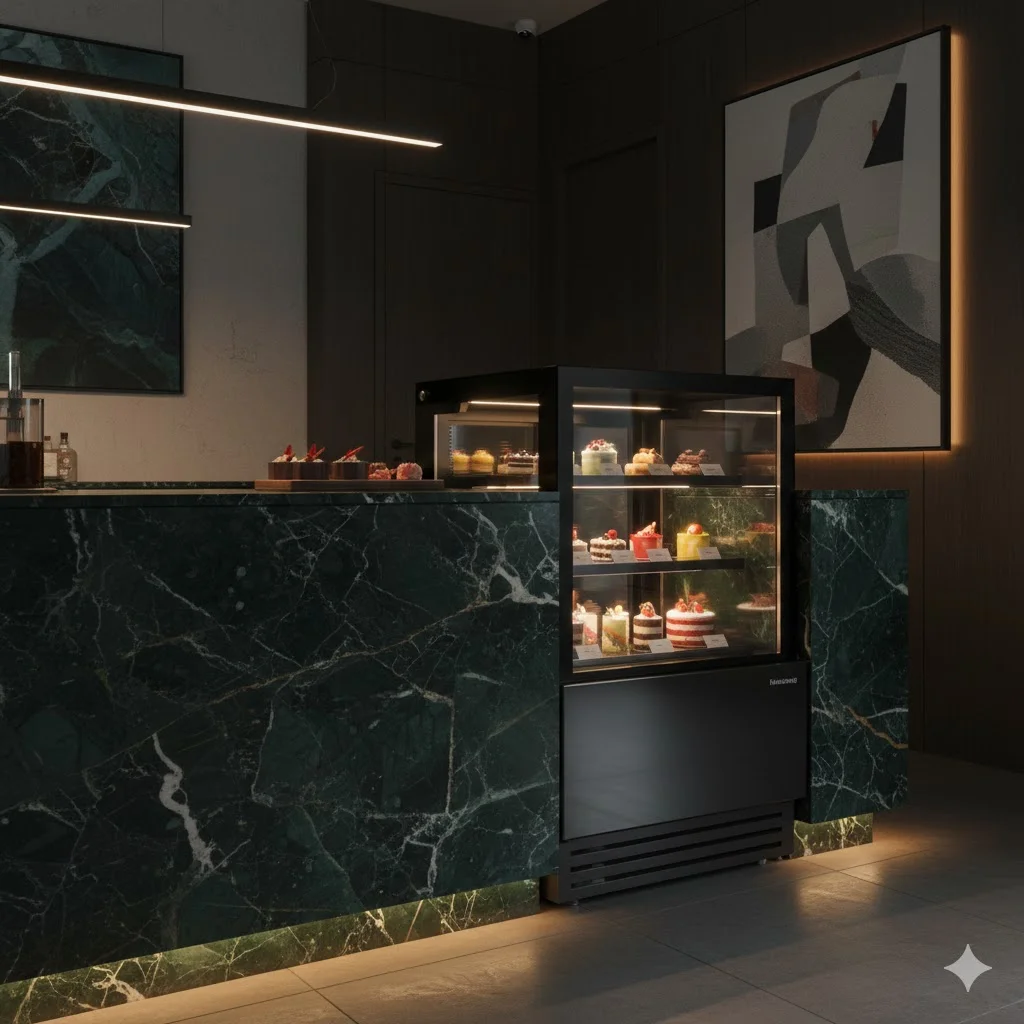 고급 대리석 카운터와 일체감 있게 설치된 세련된 디자인의 프리미엄 카페용 냉장고
