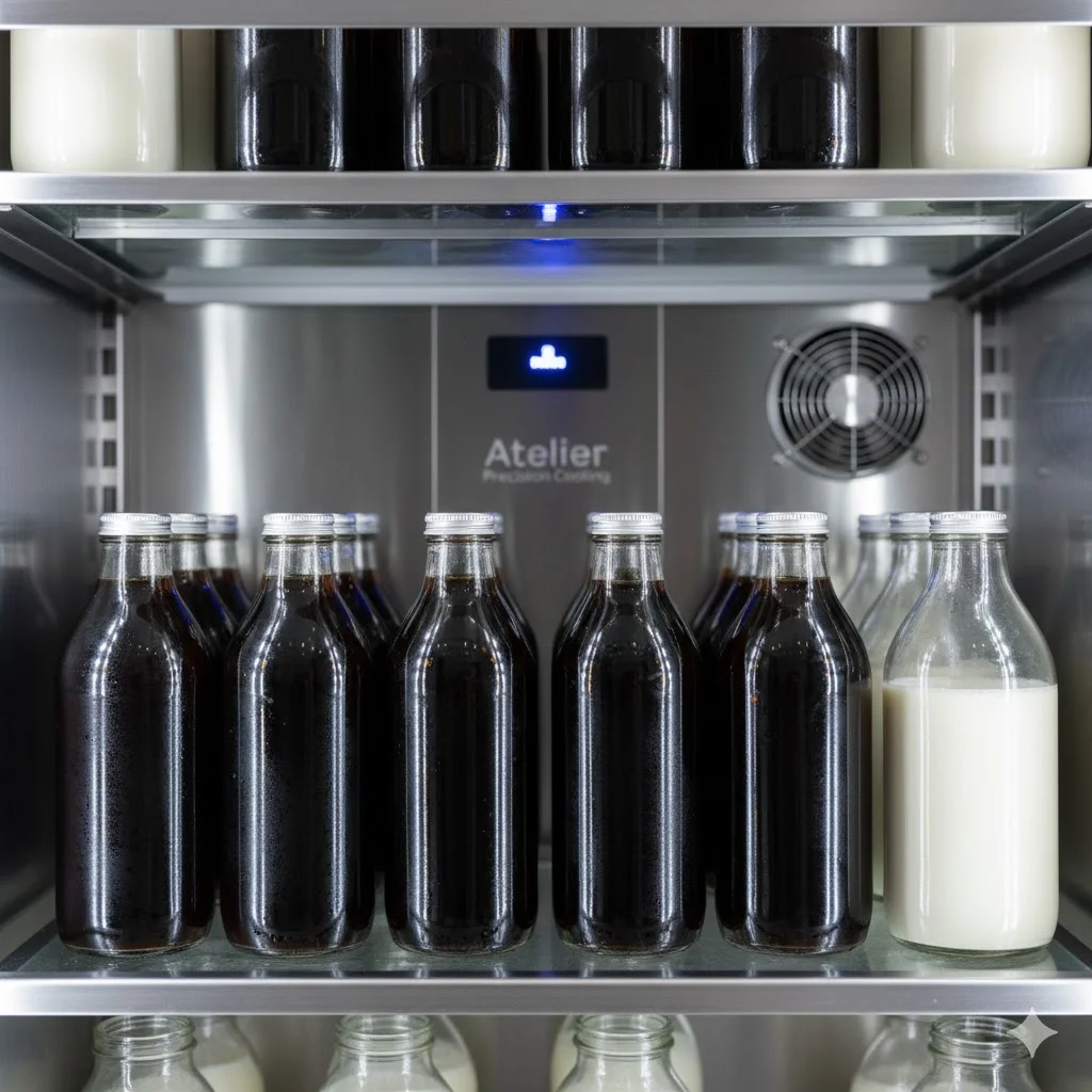 일반적인 카페용 냉장고와 가구처럼 매립된 한성 빌트인 냉장고의 디자인 비교 사진.