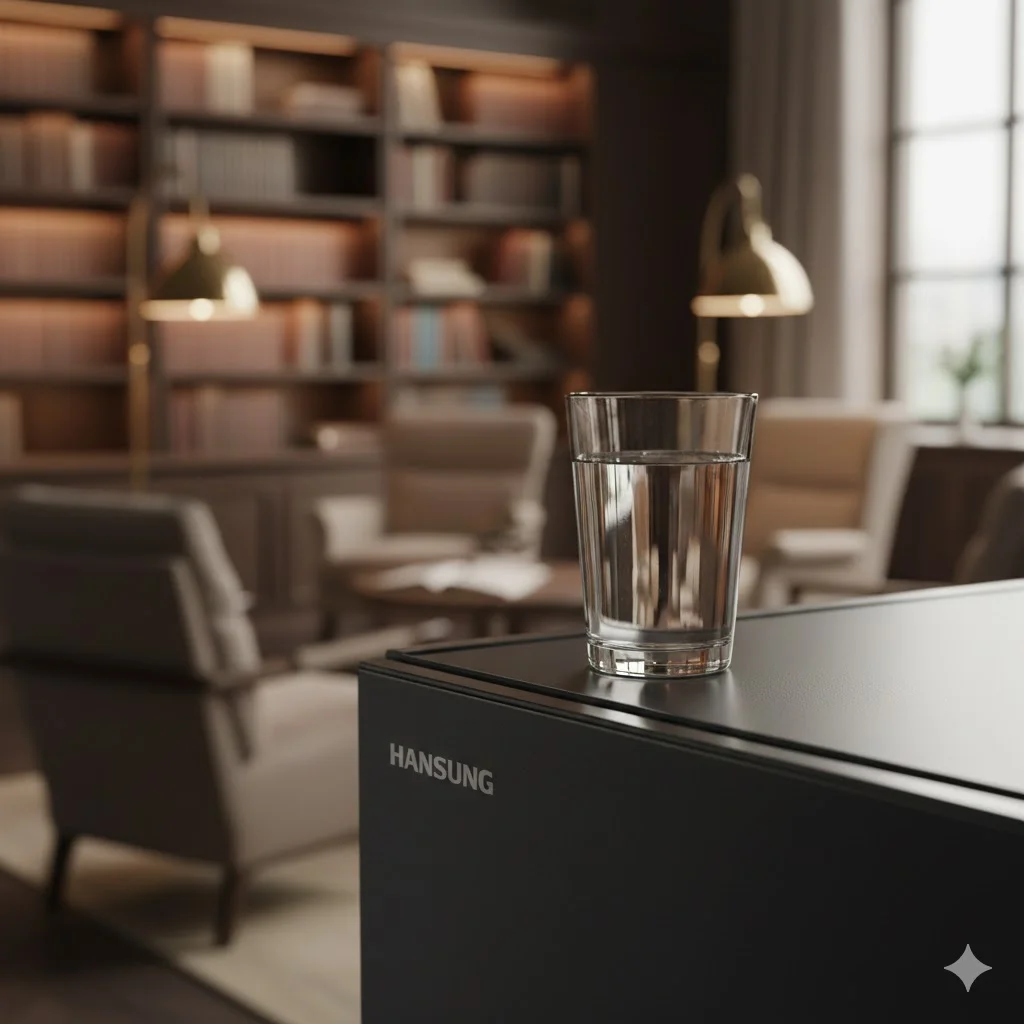 냉장고 위에서도 잔잔한 물결 하나 없는 물잔을 통해 보여주는 저진동 카페냉장고의 성능.