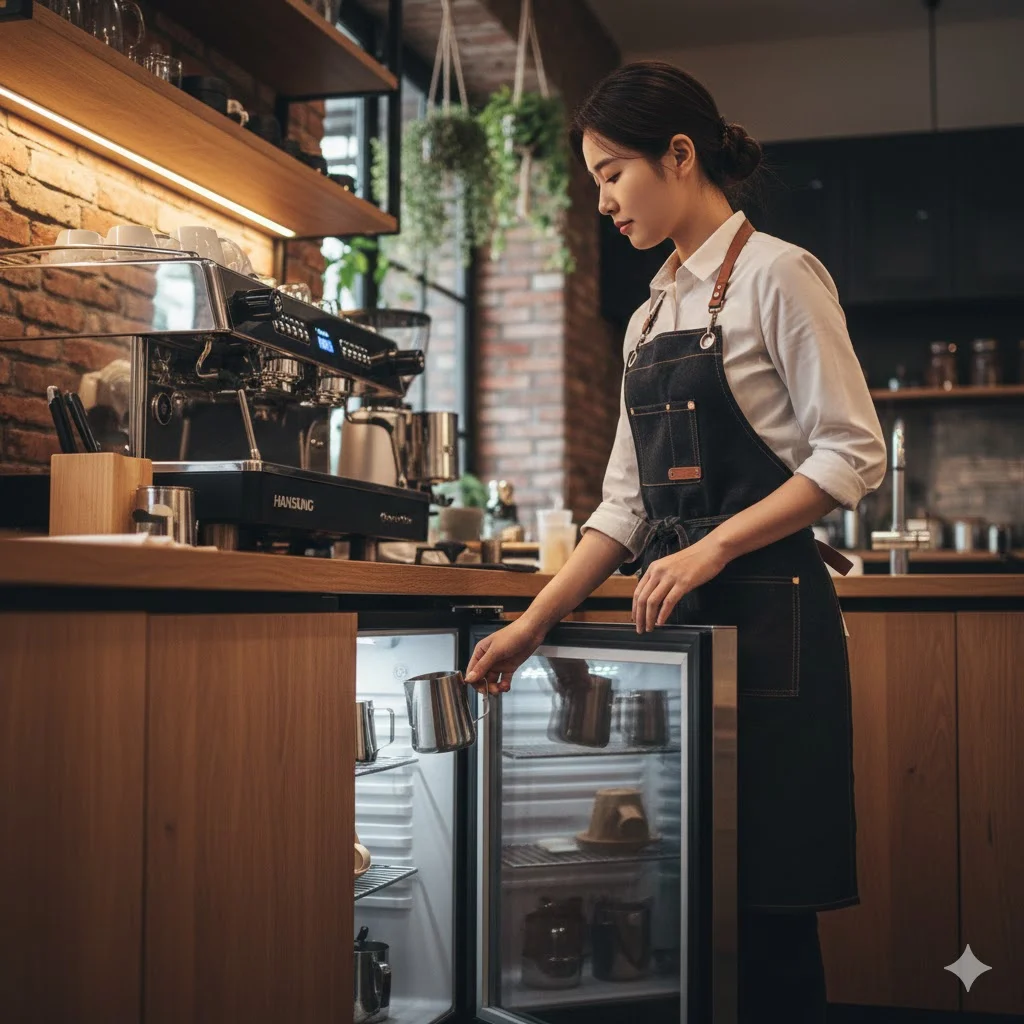 카페 바 아래 설치된 카페냉장고에서 재료를 꺼내는 바리스타의 능숙한 동작.