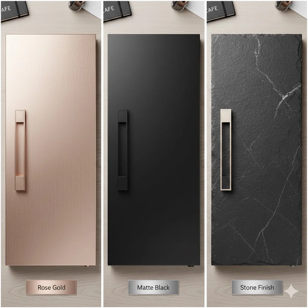 로즈골드, 매트 블랙, 스톤 텍스처 등 한성 카페냉장고에 적용 가능한 프리미엄 소재 샘플들.