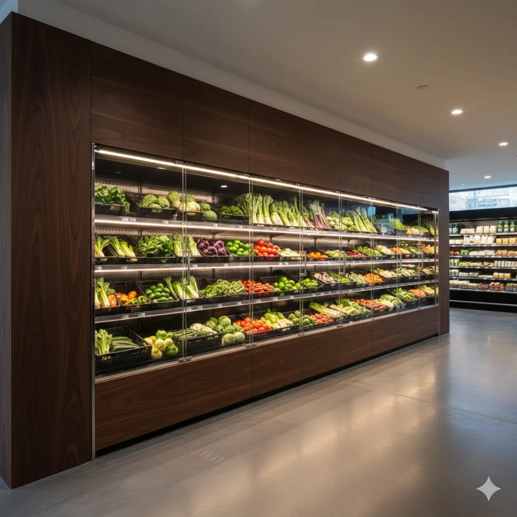 매장 인테리어와 1mm의 오차 없이 완벽하게 밀착된 빌트인 야채쇼케이스 시공 사례
