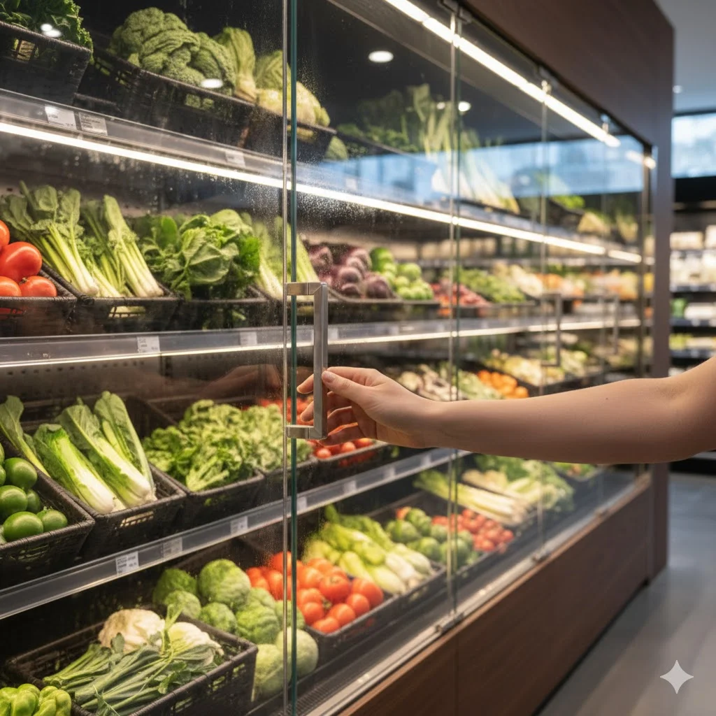 습한 여름철에도 결로 없이 내부를 투명하게 보여주는 안티-포그 강화유리 도어