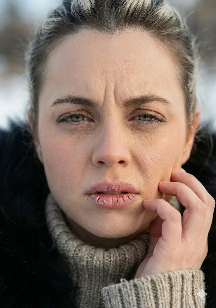 차갑고 건조한 겨울 날씨로 피부가 건조해지고 각질이 들뜬 상태의 민감성 피부 얼굴