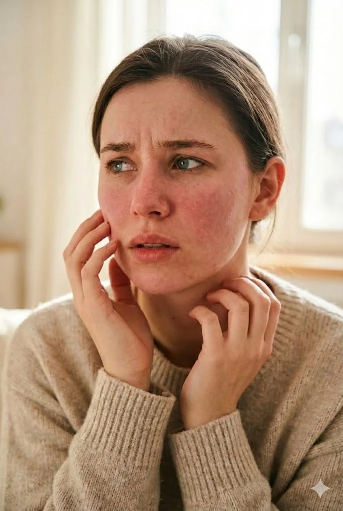 세안 후 장벽 약화로 붉어짐과 예민 반응이 나타난 민감성 피부 얼굴