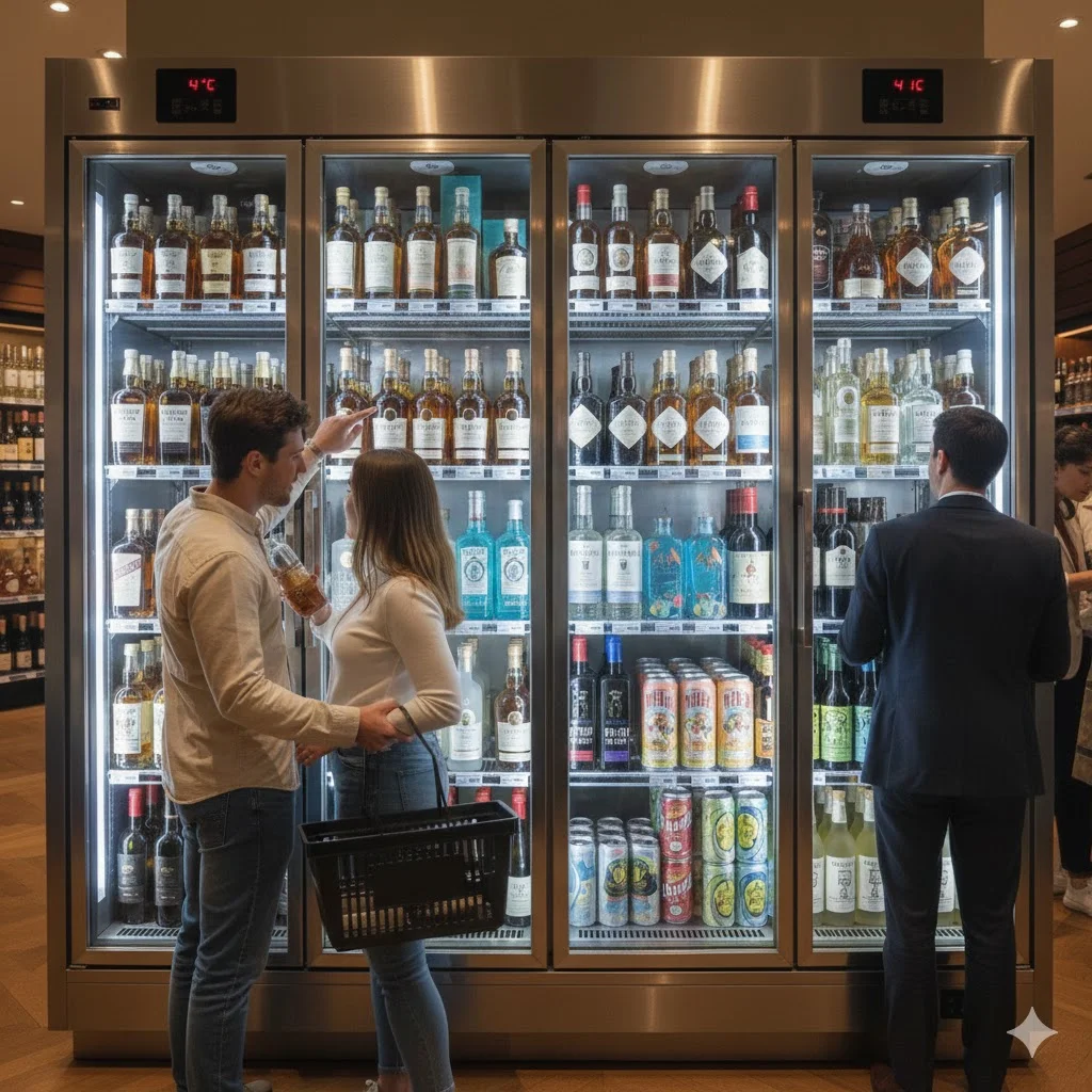 다양한 수제 맥주와 병들이 진열된 술 쇼케이스 냉장고