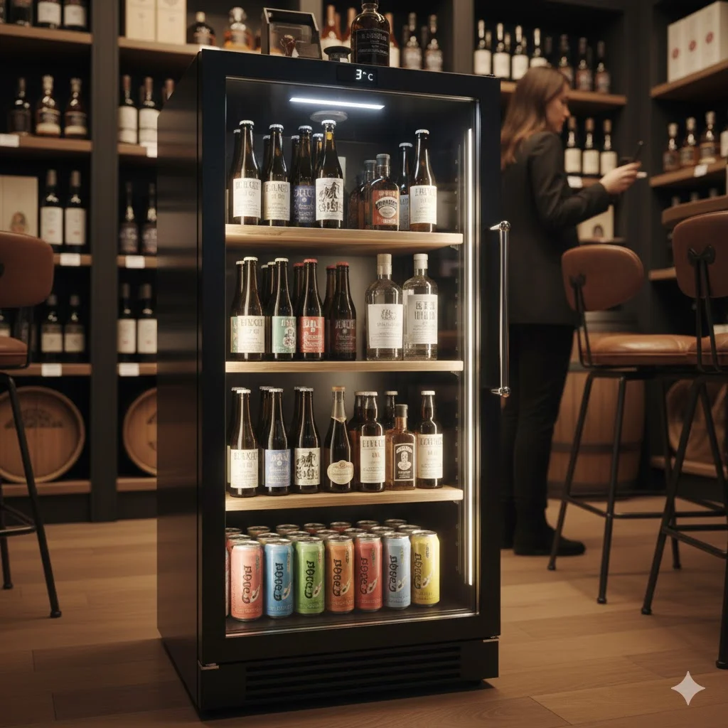 세련된 블랙 프레임의 유리 도어 술 쇼케이스 냉장고