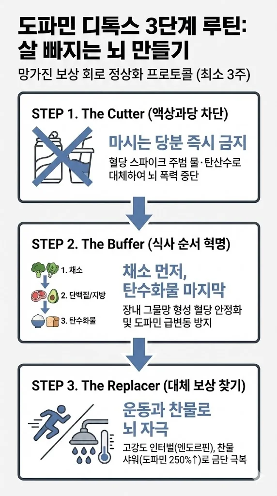 살 빠지는 뇌를 만드는 도파민 디톡스 3단계 루틴 인포그래픽. 망가진 보상 회로를 3주 만에 정상화하는 프로토콜이다. 1단계(The Cutter)는 혈당 스파이크를 유발하는 액상과당과 마시는 당분을 즉시 차단한다. 2단계(The Buffer)는 식사 순서를 채소, 단백질 및 지방, 탄수화물 순으로 바꿔 혈당과 도파민 급변동을 막는다. 3단계(The Replacer)는 고강도 인터벌 운동(HIIT)과 찬물 샤워로 음식 대신 건강한 도파민과 엔도르핀 자극을 뇌에 제공한다
