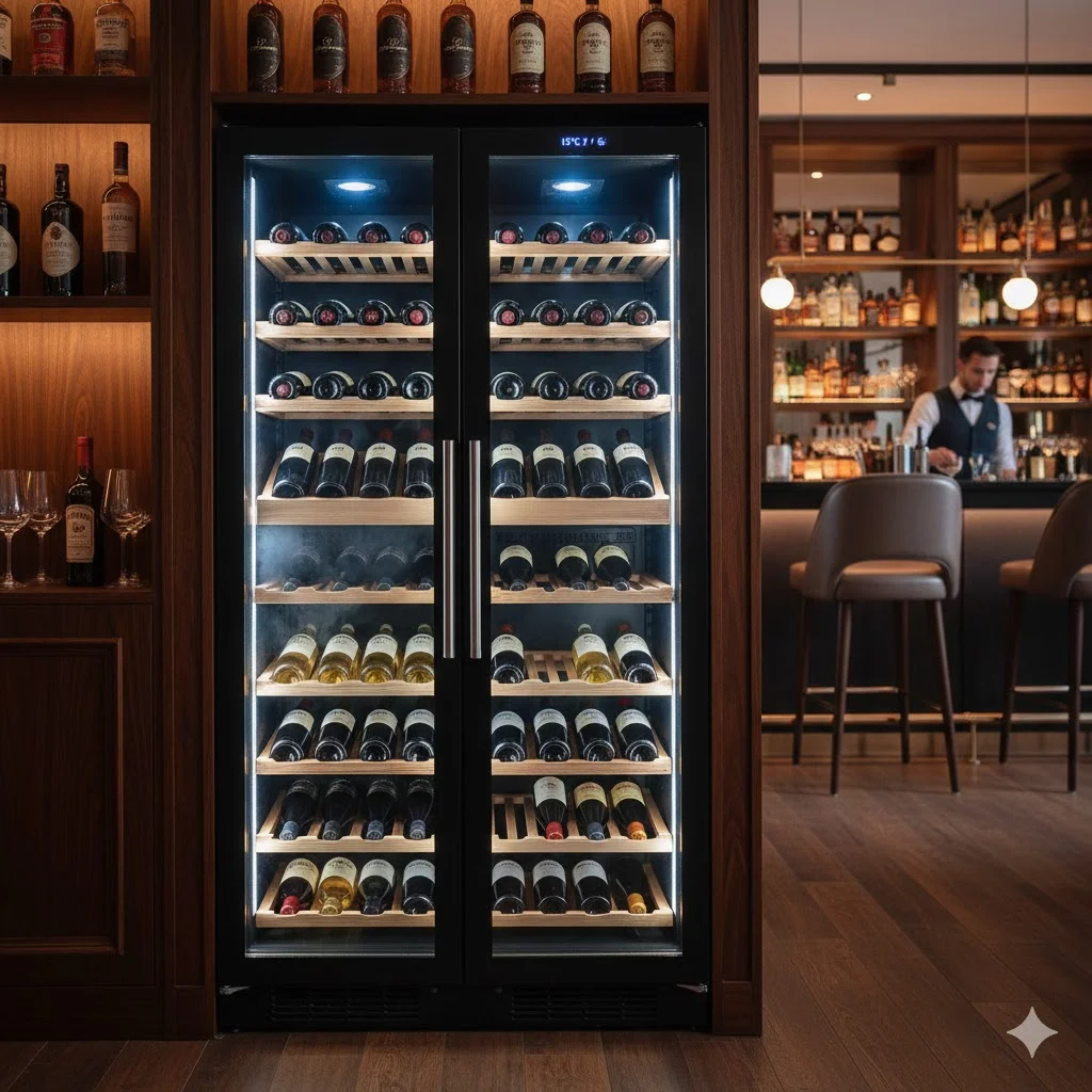 세련된 블랙 프레임과 은은한 LED 내부 조명으로 쇼케이스 효과를 극대화한 업소용 와인셀러