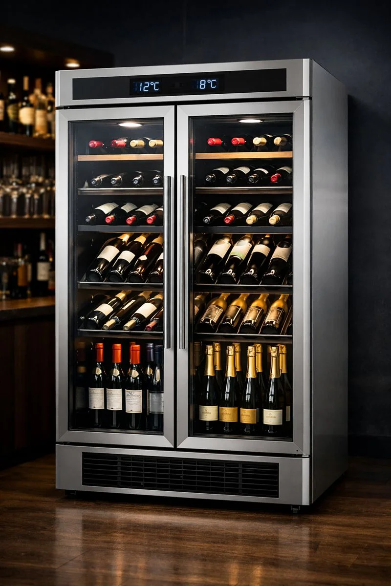 다양한 품종의 와인을 넉넉하게 보관할 수 있는 다단 선반 구조의 업소용 와인셀러