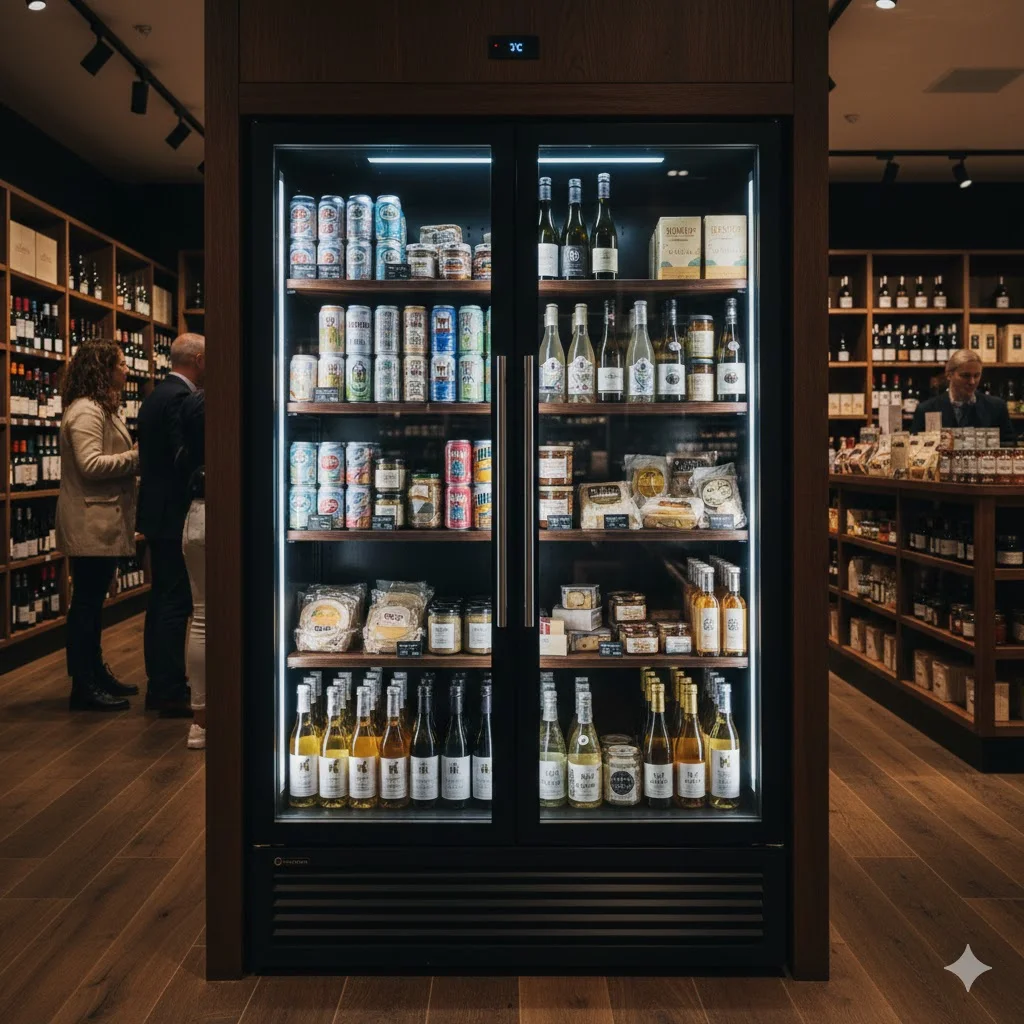 매장 동선에 맞춰 다각도에서 제품을 확인할 수 있는 유리 도어 업소용 쇼케이스 블랙 냉장고