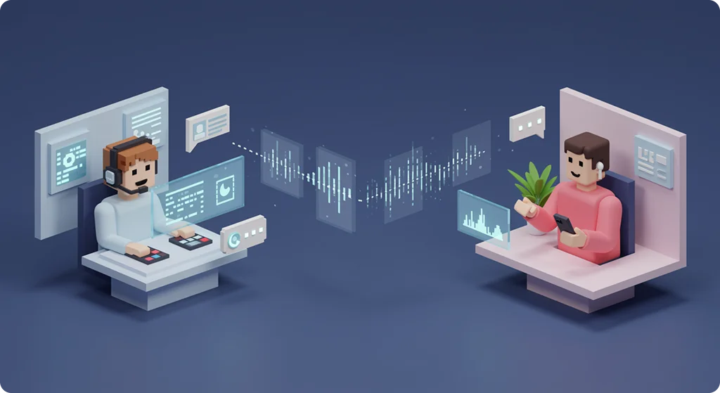 상담콜 AI 보이스 에이전트와 고객이 대화 중인 모습을 구현한 그림