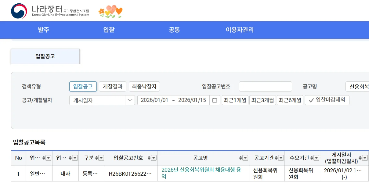 나라장터 사이트에서 검색된 2026년 신용회복위원회 채용대행 용역 입찰 공고 화면. 게시일자 2026년 1월 2일 확인 가능