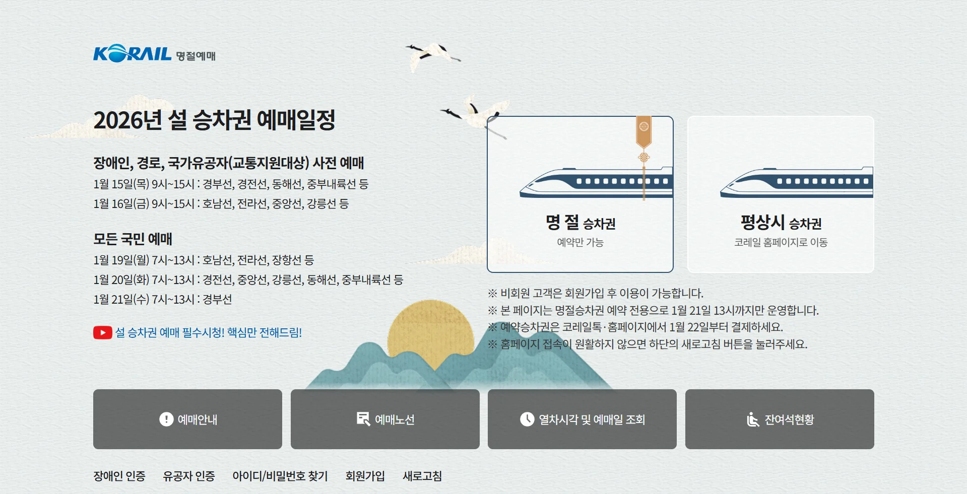 Korail 2026 Seollal Lunar New Year train ticket reservation schedule infographic showing pre-sale dates for disabled, elderly, and general public in January 2026.