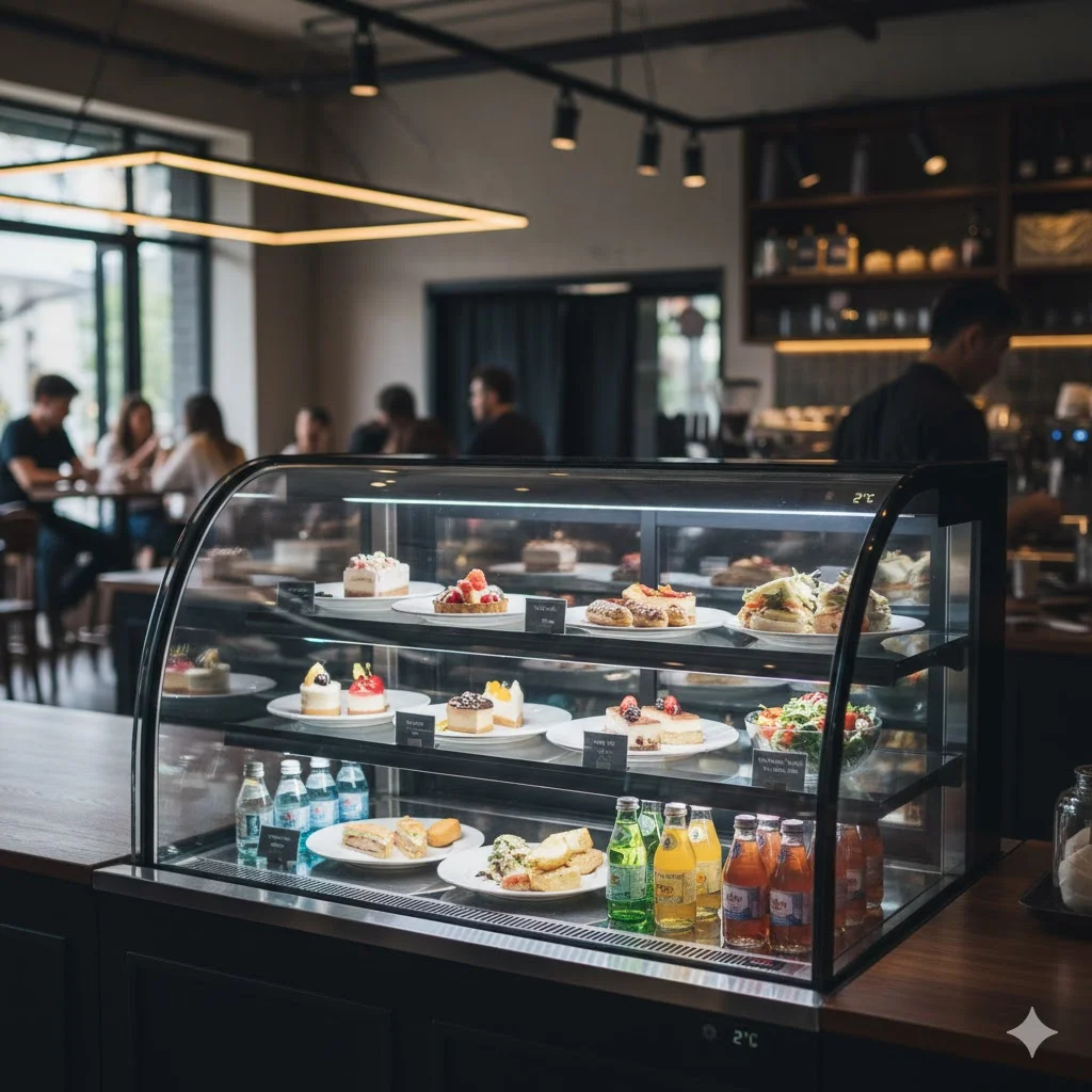 세련된 블랙 프레임과 투명 유리로 내부가 훤히 보이는 모던한 테이블 냉장고