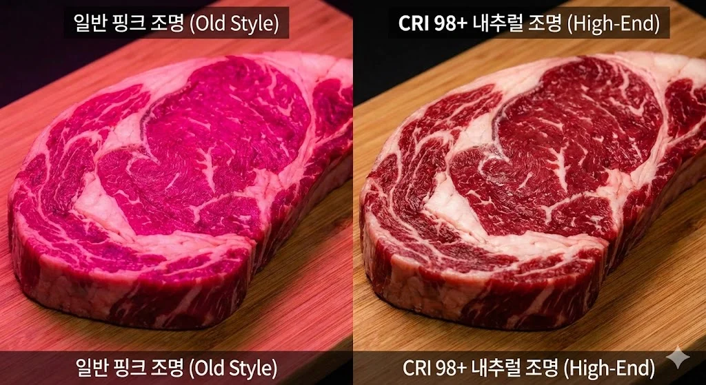 인위적인 핑크색 조명과 고기 본연의 색을 살려주는 CRI 98+ 고연색성 내추럴 조명의 비교 모습
