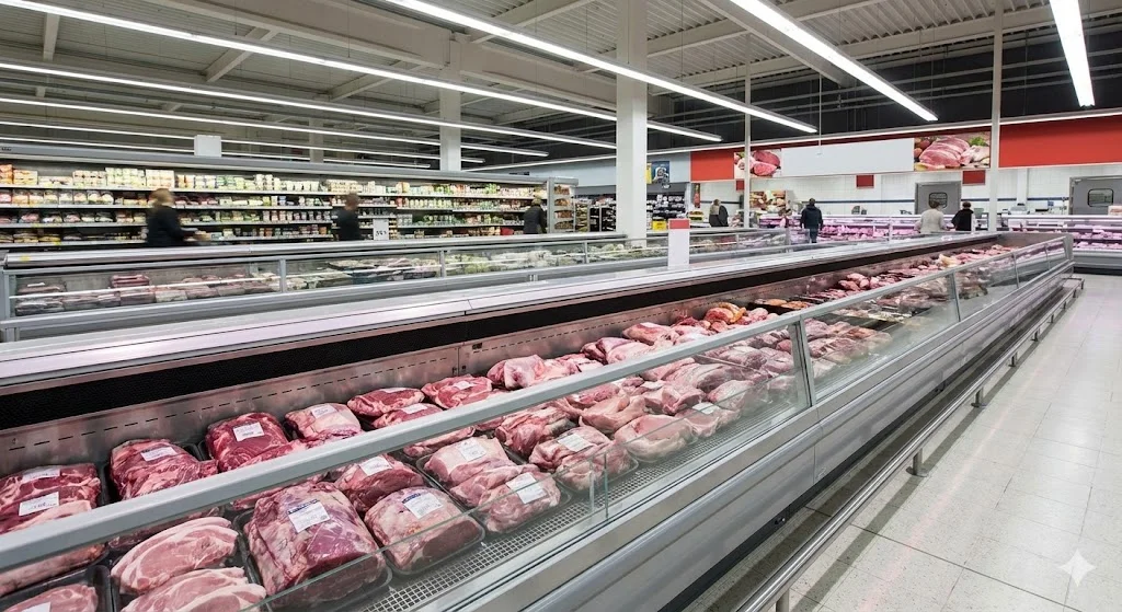 대형 유통 매장에서 흔히 볼 수 있는 기능적이고 표준화된 오픈형 쇼케이스입니다. 효율적인 대량 진열에 최적화되어 있지만, 인테리어 요소로서의 역할은 미미합니다.