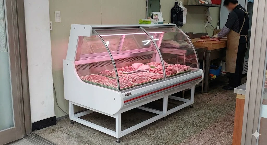 소규모 매장에서 주로 사용하는 실용적인 스탠드형 쇼케이스입니다. 가성비가 뛰어나지만, 공간을 차지하는 돌출형 디자인과 인위적인 핑크색 조명이 특징입니다.