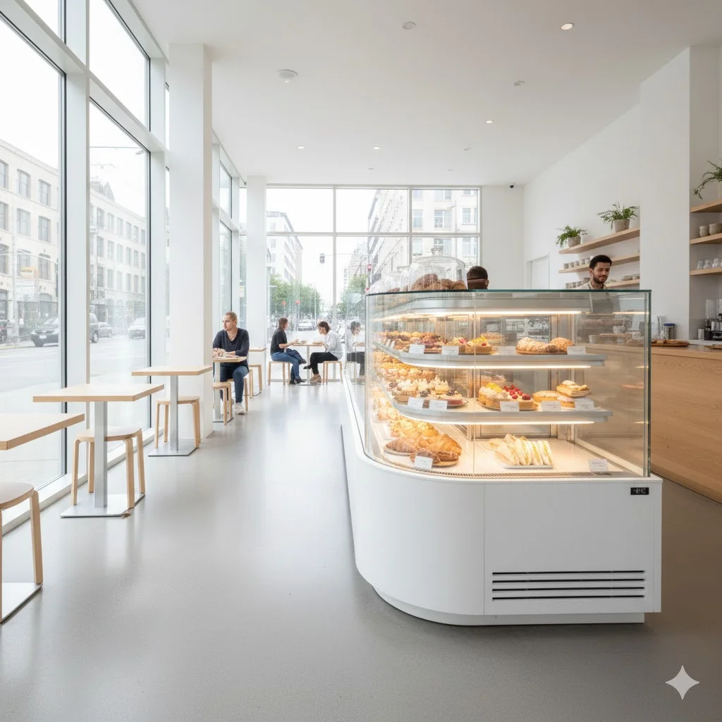 넓은 매장 전경과 조화를 이루는 화이트 베이커리 냉장고(빵 케이스)