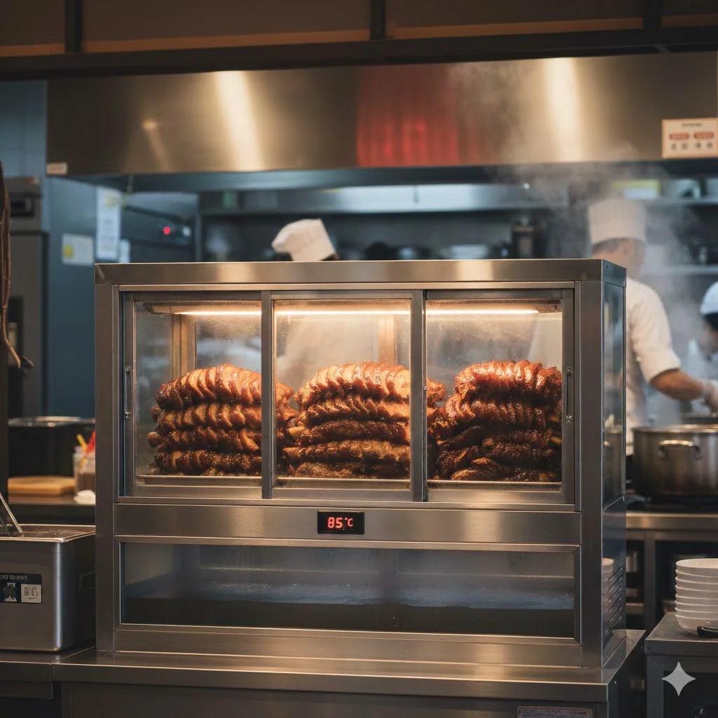 족발이 윤기 있게 진열된 유리 족발 온장고 쇼케이스 전면 사진