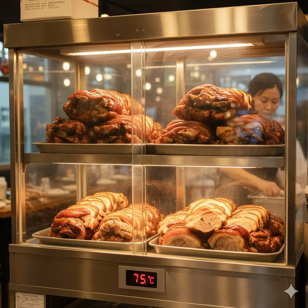 따뜻한 조명 아래 황금빛 족발 색감이 살아난 진열 컷 / 족발 온장고