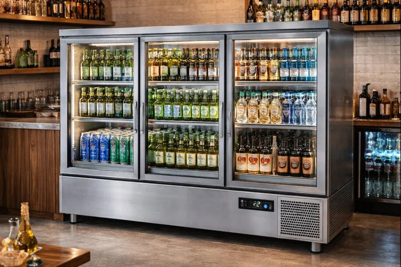 디지털 온도 표시부와 조작 버튼이 보이는 업소용 술장고