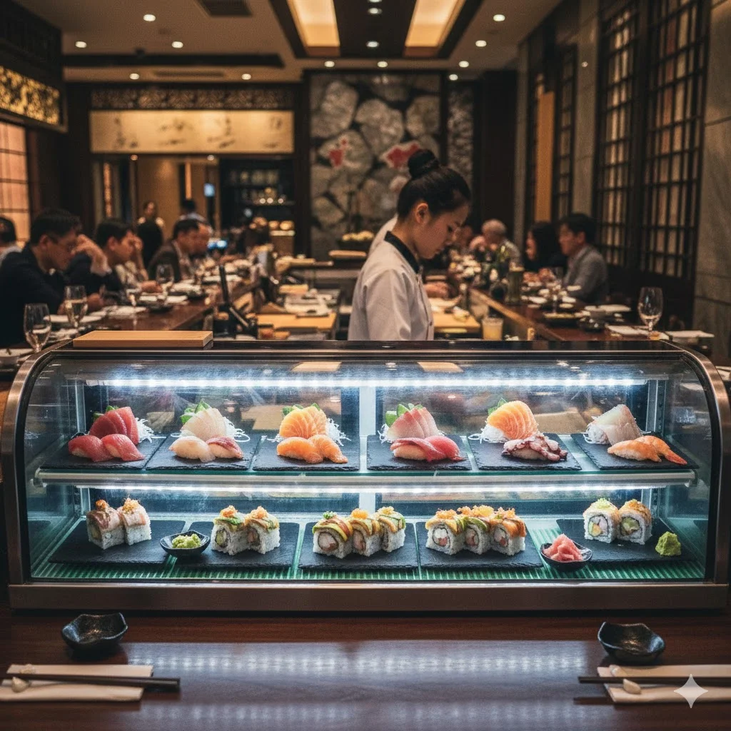 저가형 중고에는 없는 신선한 생선회와 초밥의 질감을 그대로 전달하는 고휘도 한성 LED 2단 쇼케이스