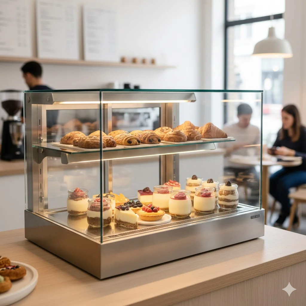 투명 유리로 어느 각도에서나 상품이 잘 보이는 카페용 2단 쇼케이스 냉장고