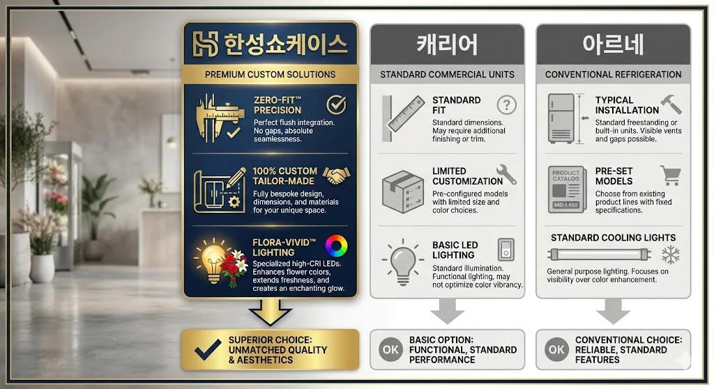 한성쇼케이스의 우위가 한눈에 들어오는 깔끔한 비교표 이미지.