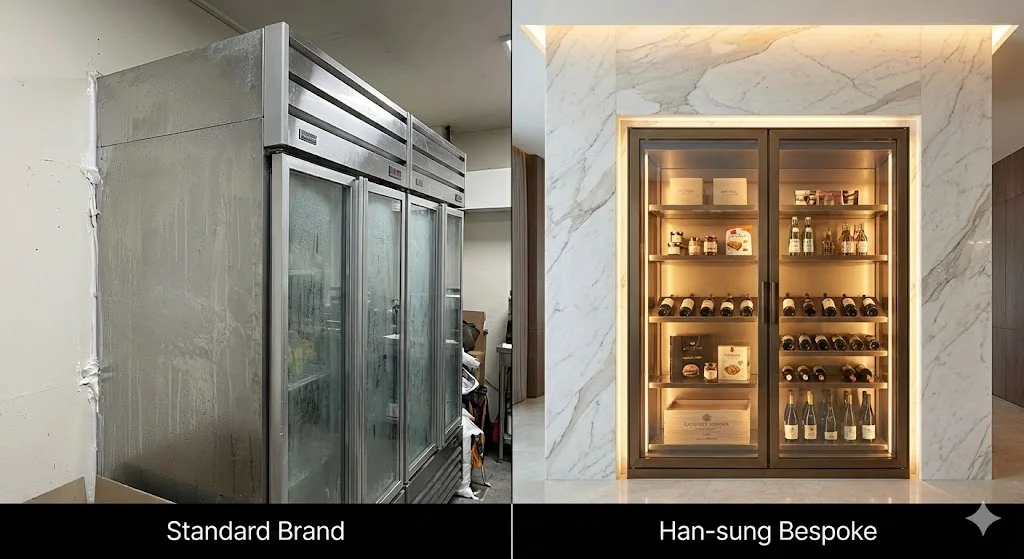 기성 제품의 투박함과 한성쇼케이스의 '제로-핏' 시공이 주는 공간적 차이를 극명하게 대조합니다.