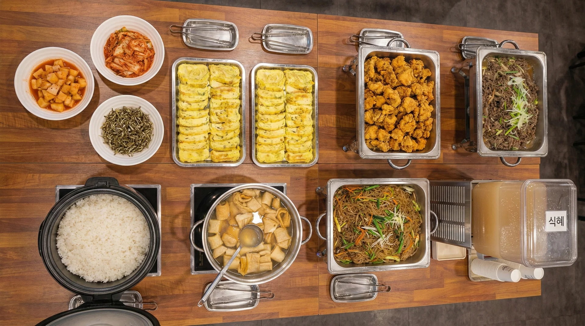 Top-down Korean halal buffet table with stainless trays of beef bulgogi, crispy fried chicken, japchae glass noodles, odeng soup, sliced egg omelette, side dishes like kimchi and stir-fried anchovies, plus white rice and sweet rice drink sikhye.