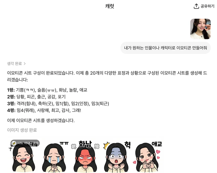 AI 챗봇이 생성한 20개 캐릭터 이모티콘 시트 화면으로, 기쁨 슬픔 화남 놀람 등 감정 표현과 출근 퇴근 등 상황별 이모티콘이 격자로 배열된 결과물
