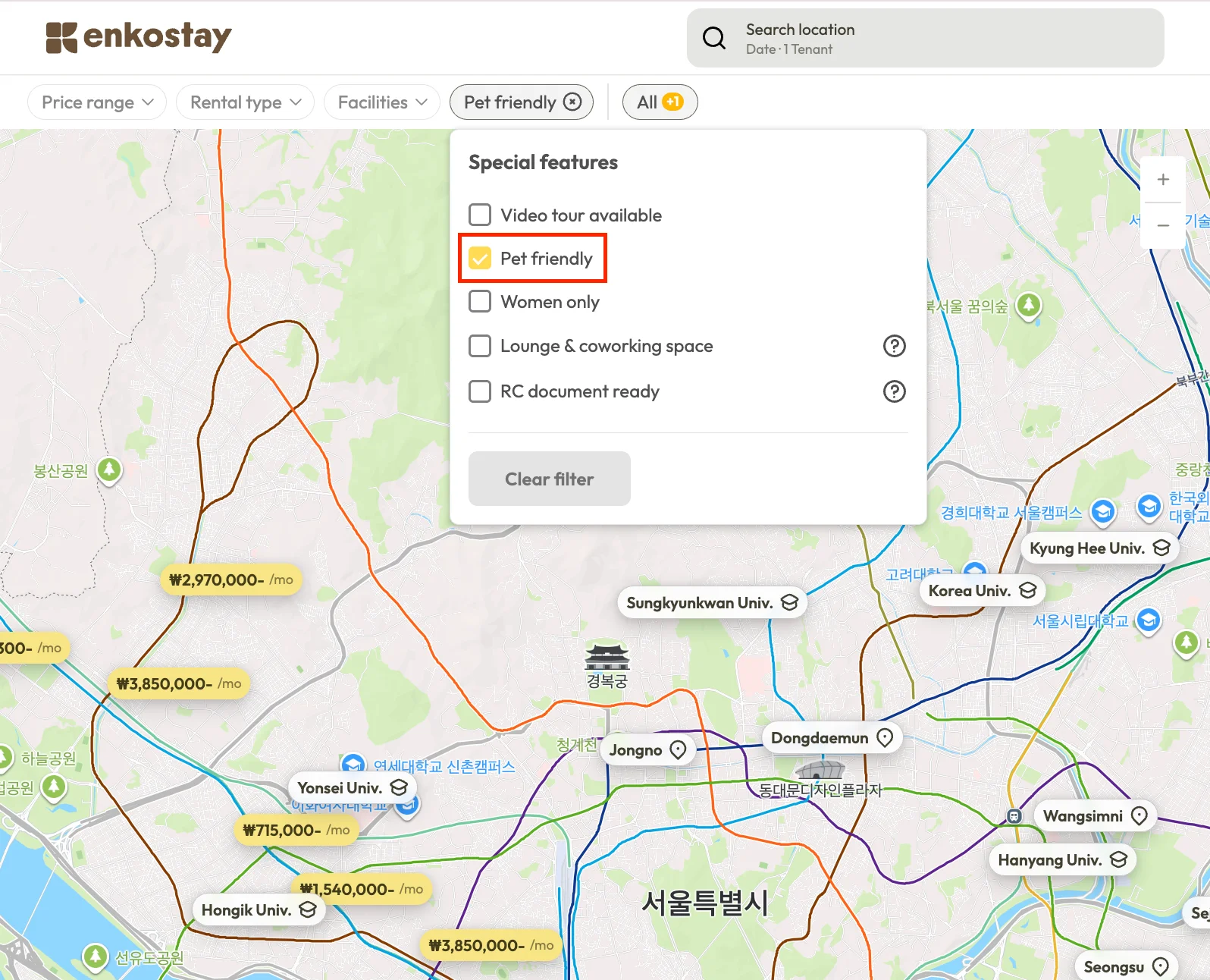 The Special Features filter menu on Enkostay website with the Pet Friendly option selected.