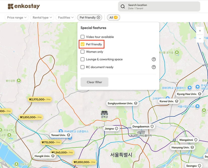 The Special Features filter menu on Enkostay website with the Pet Friendly option selected.