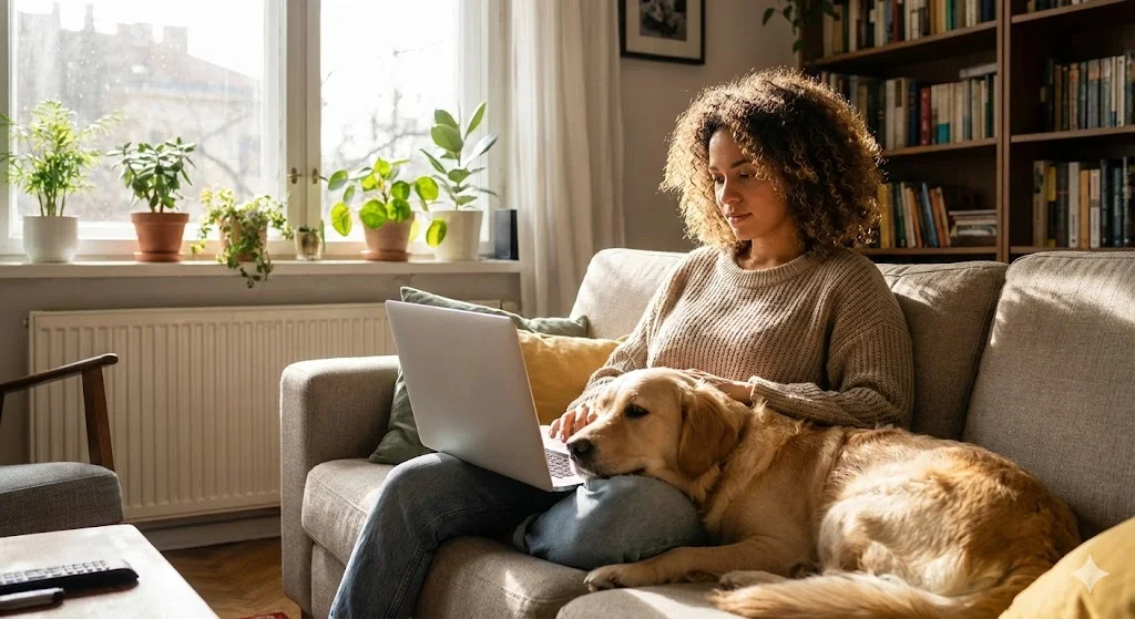 A young professional typing on a laptop with a Golden Retriever sitting calmly on the floor nearby.