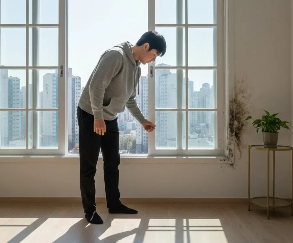 Inspecting the interior of a sunlit Korean villa during a daytime visit.
