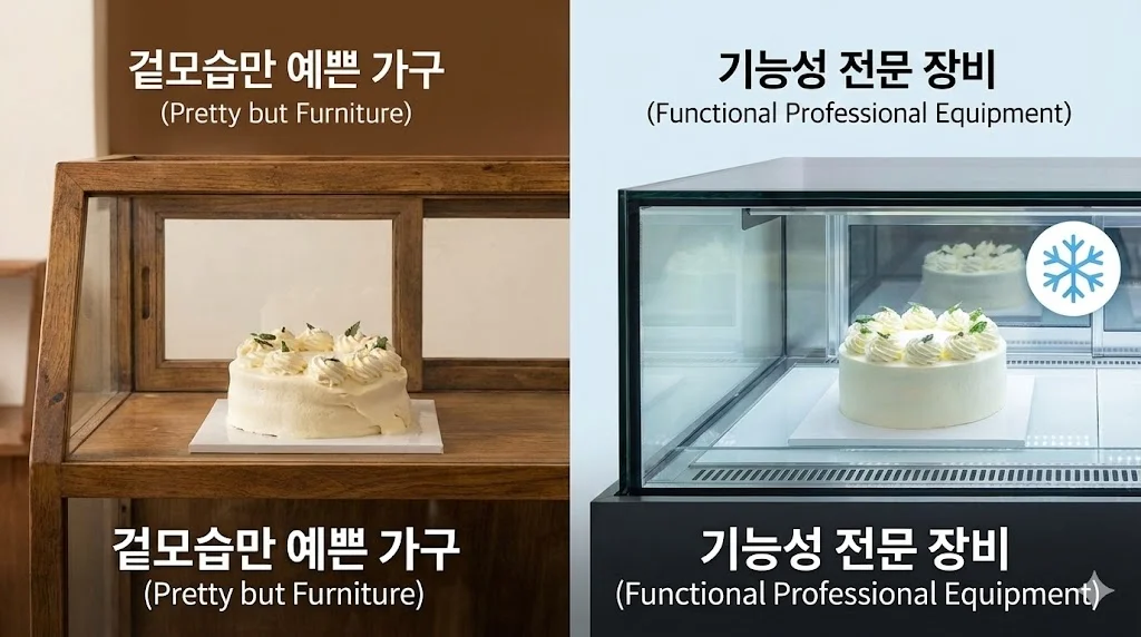 겉모습만 예쁜 목재 가구와 기능을 갖춘 전문 냉각 장비의 케이크 보관 상태 비교 이미지