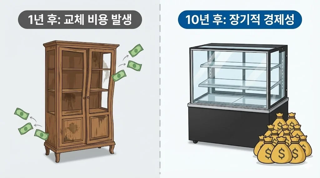 목재 가구와 전문 장비의 내구성 및 경제성을 비교하는 인포그래픽 이미지