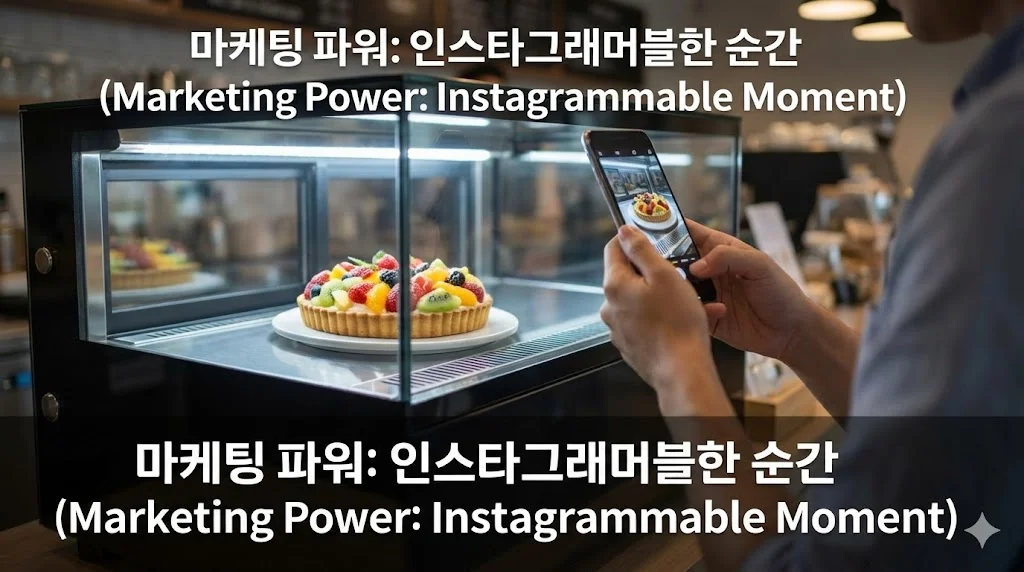 전문 냉각 쇼케이스 안의 디저트를 스마트폰으로 촬영하는 고객의 모습을 담은 이미지