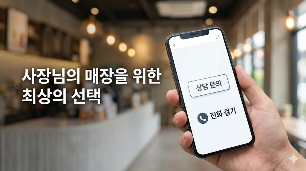스마트폰 화면의 상담 문의 버튼을 클릭하는 손을 담은 행동 촉구 이미지