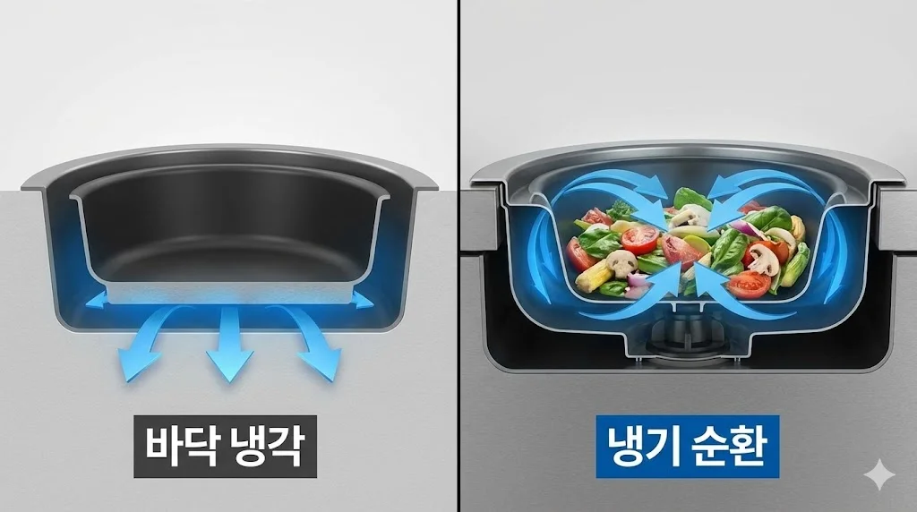 토핑냉장고의 바닥 냉각 방식과 냉기 순환 방식의 차이를 보여주는 비교 도식 이미지